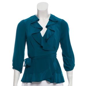Nanette Lepore Teal Ruffled Silk Wrap Blouse Sz 0